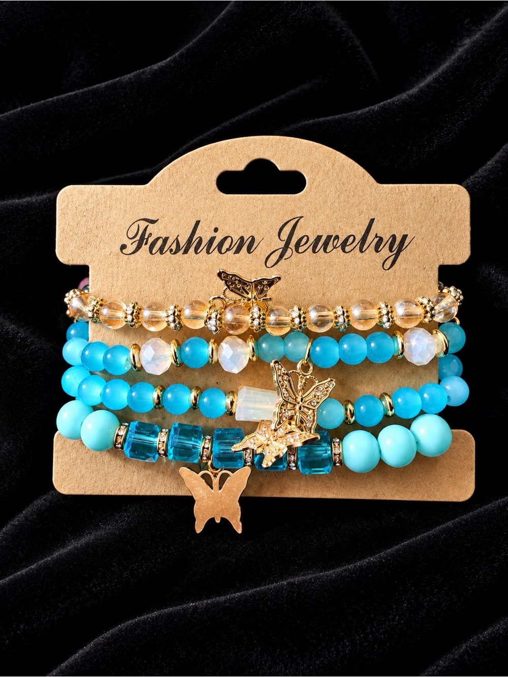 Fashion Jewelry Four Bracelet Set Blue and Gold with Butterflies